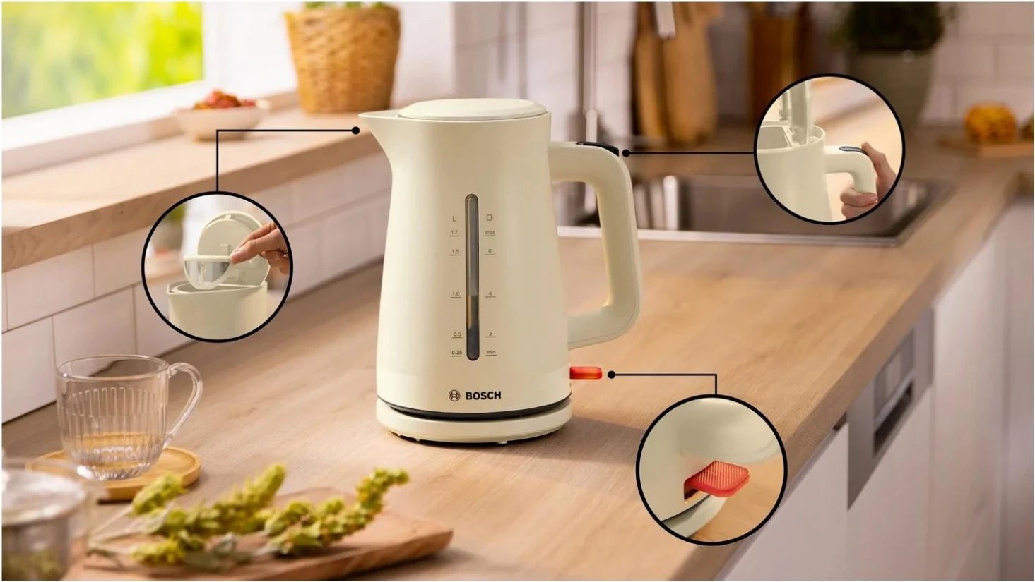 Çajnik Bosch TWK3M127, 1.7 litra, bezhë