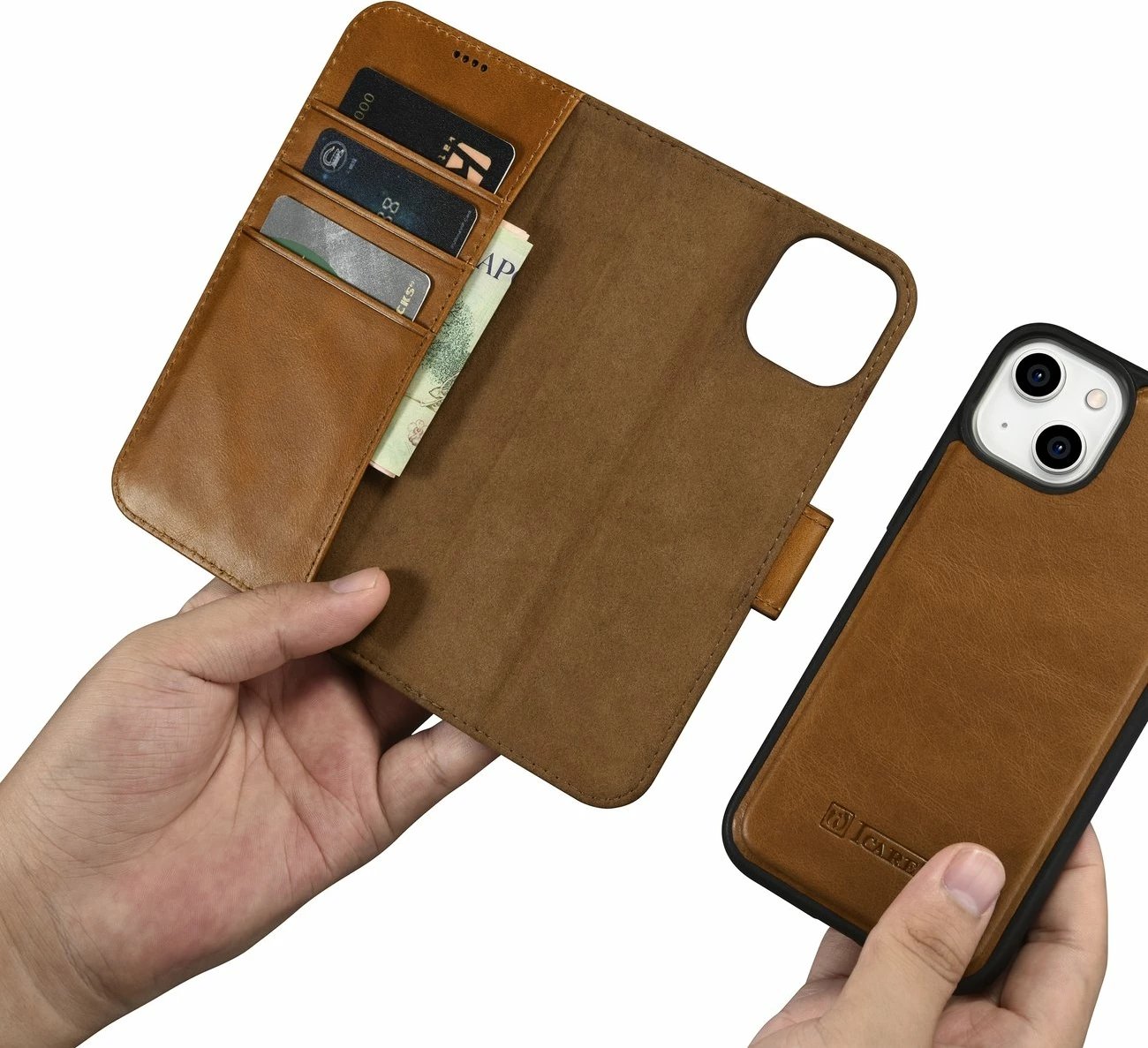 Mbështjellës iCarer Oil Wax Wallet Case 2in1 për iPhone 14, lëkurë, Anti-RFID, Kafe