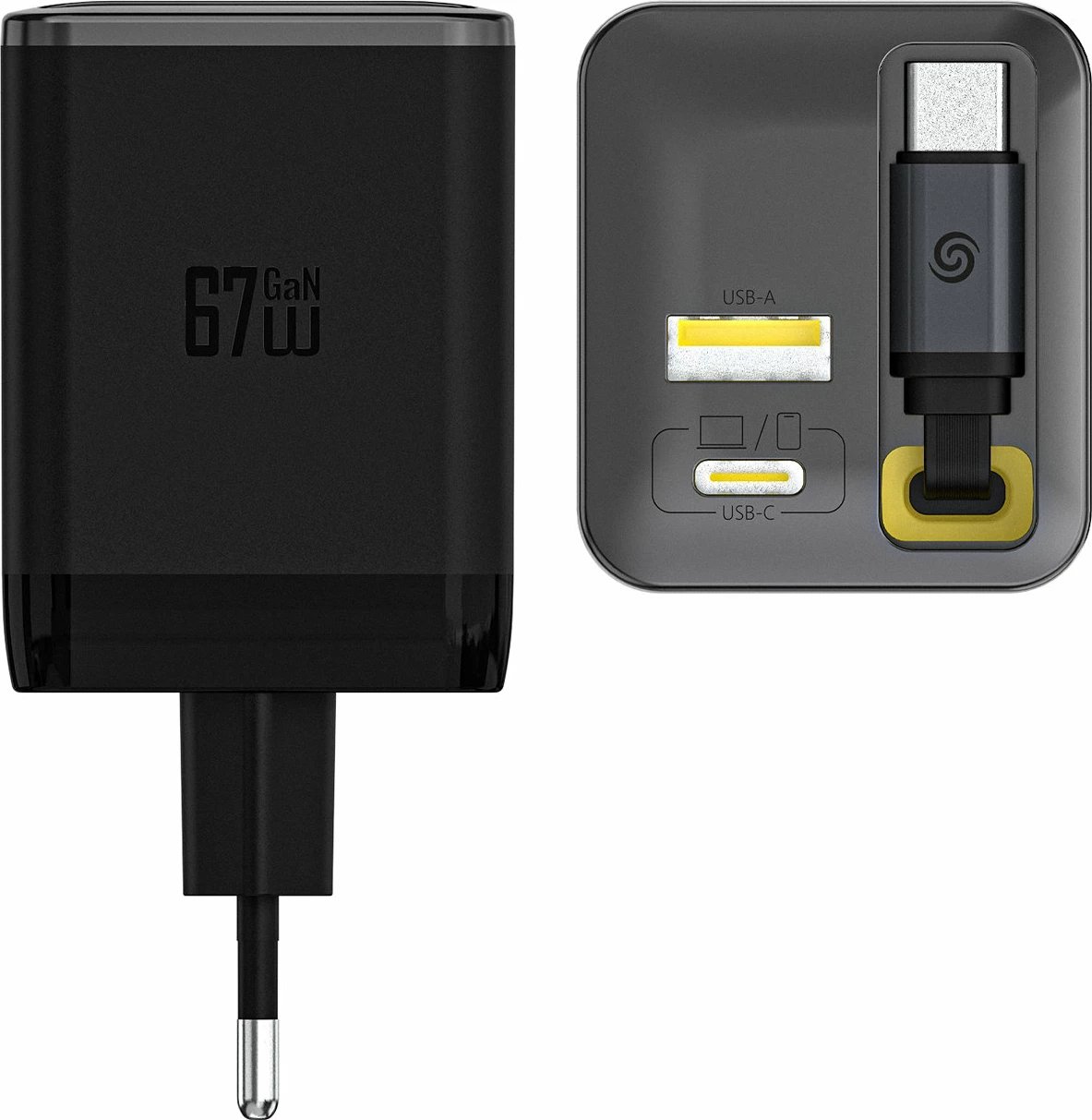 Karikues muri GaN, Dudao A67EU, 67W, 3 porta (USB-C, USB-A) me kabllo USB-C tërheqëse 60cm, EU plug, i zi
