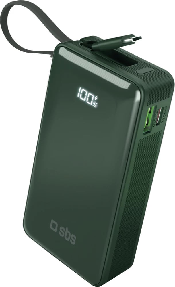 Powerbank SBS 10000 mAh 20W me kabllo USB-C të integruar dhe ekran digjital, e gjelbër