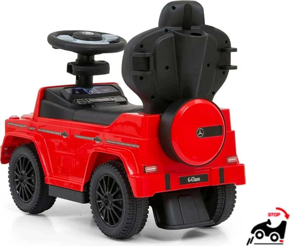 makinë ride-on me guidë, Milly Mally Mercedes G350d, 12–36 muaj, deri 25 kg, tinguj me 2xAA, sedilje me hapësirë poshtë, e kuqe