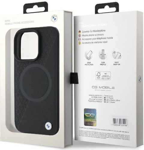 Mbështjellës BMW Signature Leather Half Textured & Circle MagSafe për iPhone 16 Pro, i zi