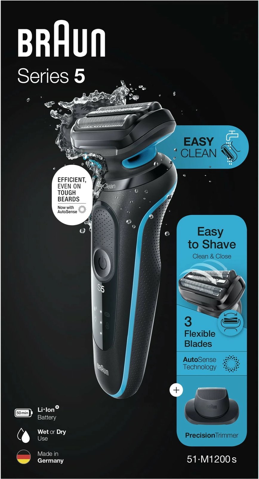 Makinë rroje Braun Series 5 51-M1200s, Foil shaver, AutoSense, Butona, Bateri, E zezë, Blu