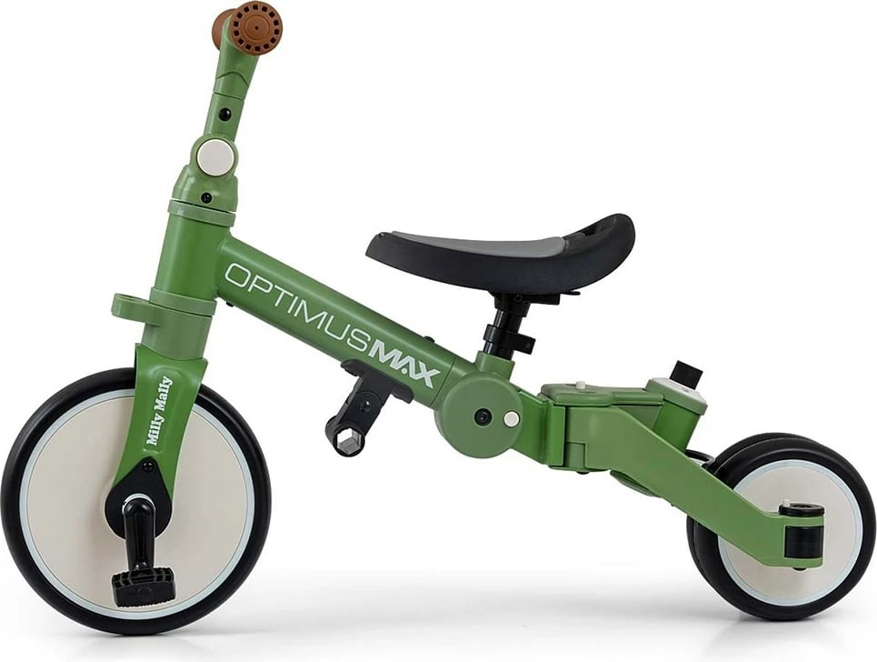 Tricikël & biçikletë balancuese 5‑në‑1 me dorezë prindi, Milly Mally Optimus Max, rrota shkumë, kornizë çeliku, 12M+, e gjelbër