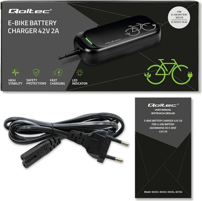 Karikues për biçikletë elektrike, Qoltec, 50762, 42V 2A 84W për bateri 36V Li-ion, prizë Bosch, IP54, me kabllo rryme, i zi