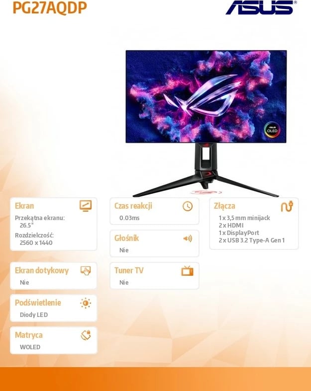 Monitor gaming Asus ROG Swift PG27AQDP, 26.5", WOLED, 480 Hz, QHD, i zi
