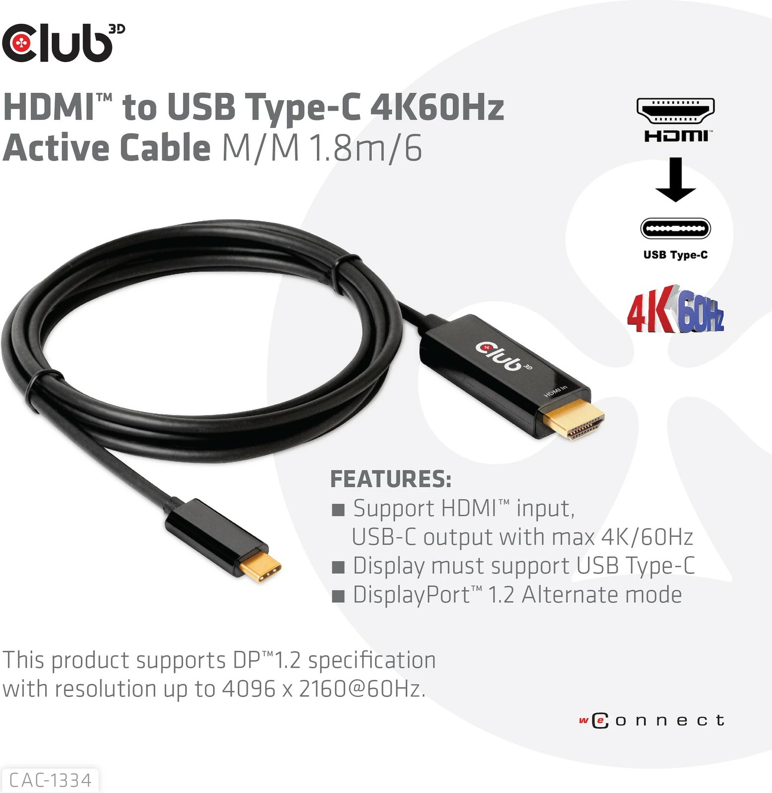 Kabllo HDMI Club3D CAC-1334, USB-C në HDMI, 1.8m, 4K60Hz, e zezë