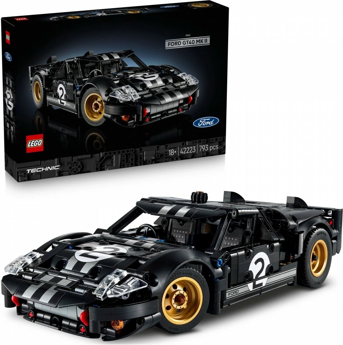 Set ndërtimi, LEGO Technic, 1966 Ford GT40 MK II 42223, 793 copë 18+, e zezë me shirita argjendi