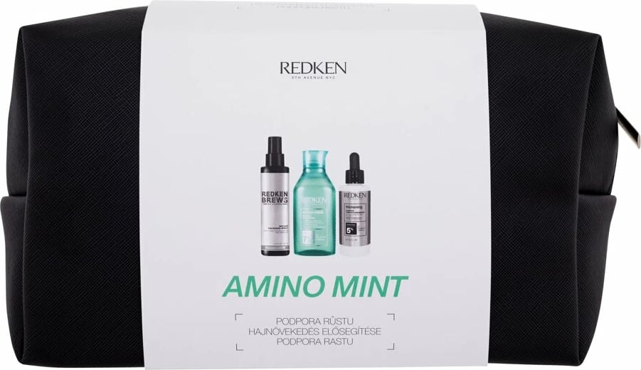 Set për flokë Redken Amino-Mint Shampoo 300ml + Hair Spray Brews Instant Thickening Spray 125ml + Hair Care Thickening Treatment 90ml + Cosmetic Bag për femra