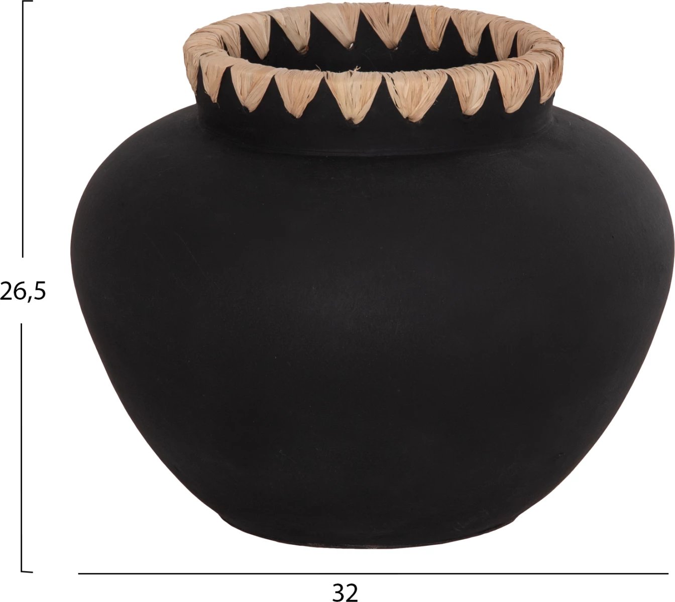 Vazo dekorative RENTON(L), terrakota, FH4370, ngjyrë e zezë, me thurje kashte në buzë, Φ32x26.5H cm