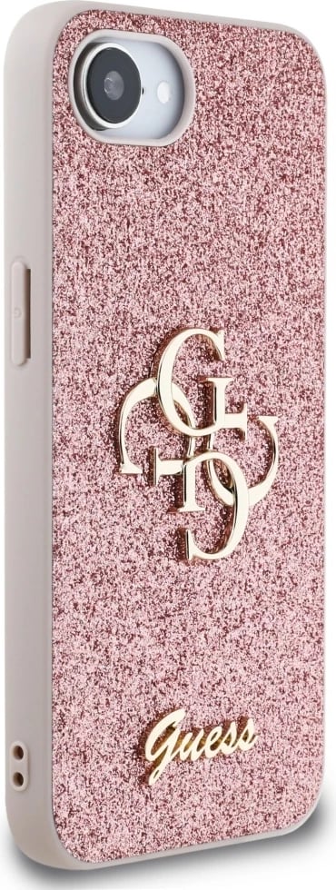 Mbështjellës, Guess, Fixed Glitter Big 4G, për iPhone 16e, hardcase eco-lëkurë/TPU/PC, rozë