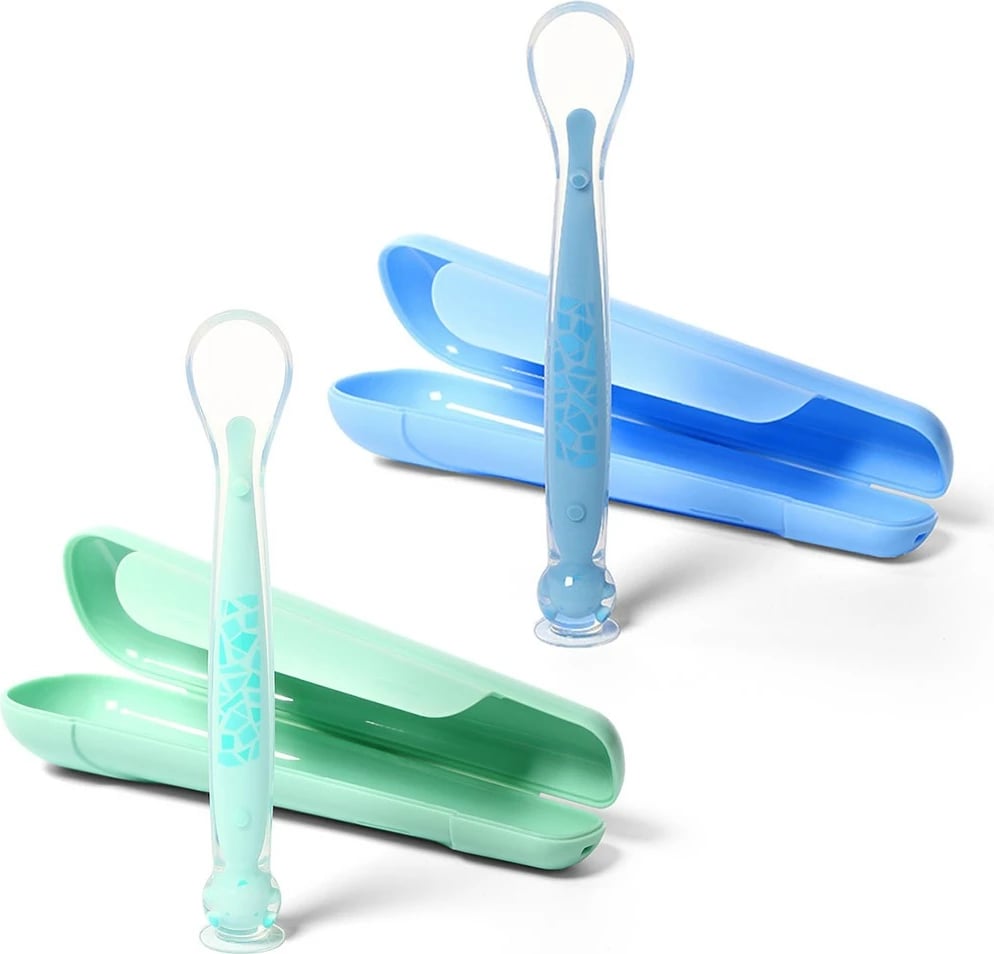 Lugë silikoni me kupë thithëse, Baby Ono, me kuti transporti, 6m+, blu, set 1 lugë + kuti