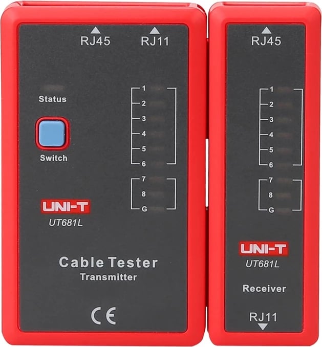Tester kabllosh rrjeti/telefoni, UNI-T UT681L, RJ45/RJ11, LED, modalitet i shpejtë/ngadalshëm, bateri 9V, set transmetues + pranues, kuq-gri