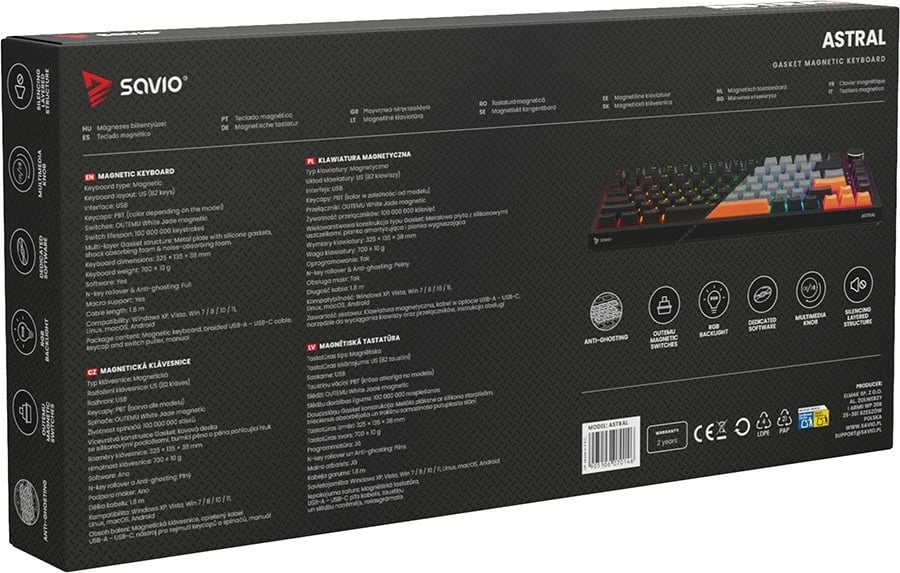 Tastierë magnetike gaming, Savio ASTRAL, Outemu White Jade, RGB, 82-taste QWERTY US, USB-C me knob, PBT keycaps, e zezë, set 3 ngjyra tastesh