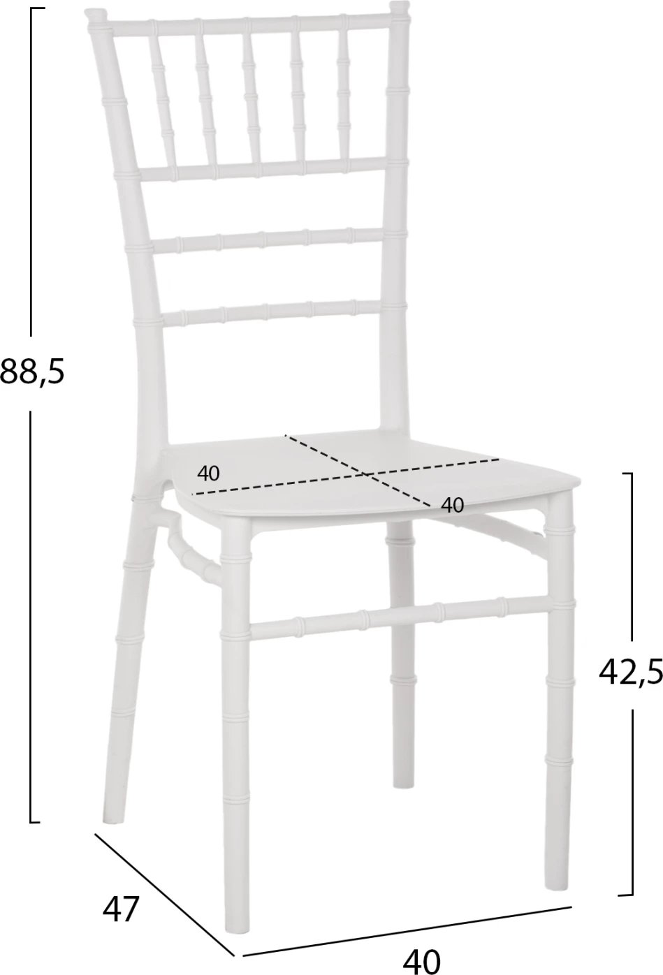 Karrige polipropileni për katering, FH8058.31, Tiffany, ngjyrë e bardhë, 39x47x88 cm