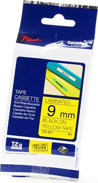 Kasetë shirit etiketues Brother TZe-621 9 mm 8 m i laminuar, zi në të verdhë