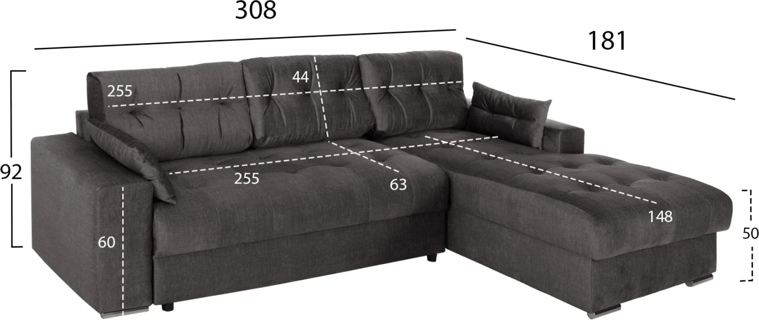 Divan këndor (djathtas) me hapësirë magazinimi CLANCY FH3281.02R pëlhurë antracit 308x181x92H cm