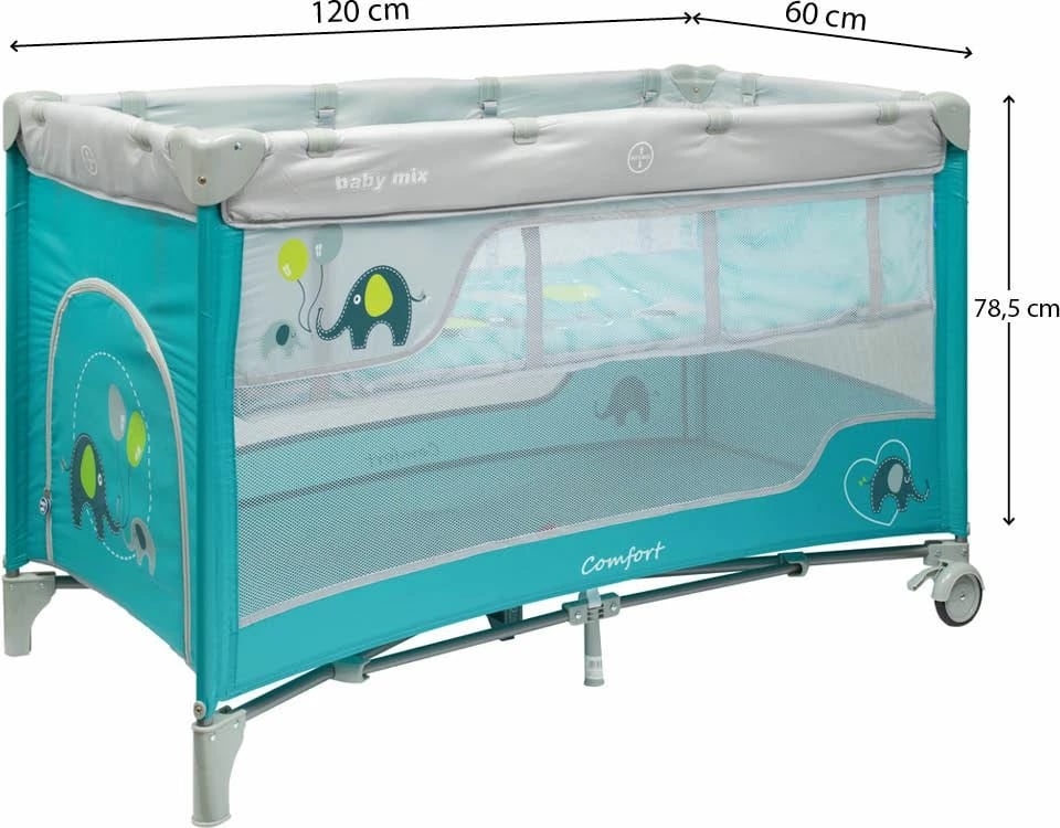 krevat udhëtimi dhe park lojërash Baby Mix Elephants 120x60 cm me nivel të varur, me rrota me frena, blu