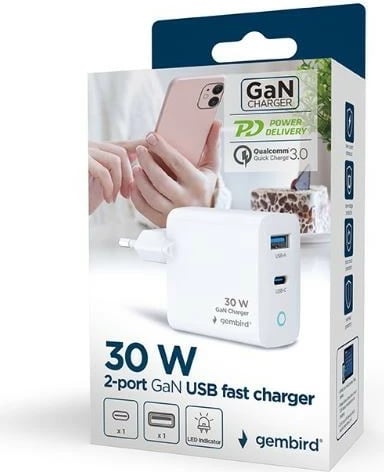 Karikues muri Gembird TA-UC-PDQC30L-W-01, 30W, 2 porta USB-A/USB-C, Bardhë