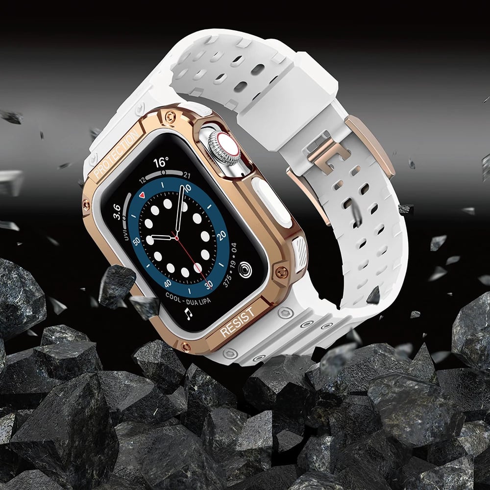 Rrip me kasë të blinduar për Apple Watch Hurtel, 41/40/38mm, Bardhë/Ari i zbehtë Rrip me kasë të blinduar për Apple Watch Hurtel, 41/40/38mm, Bardhë/Ari i zbehtë
