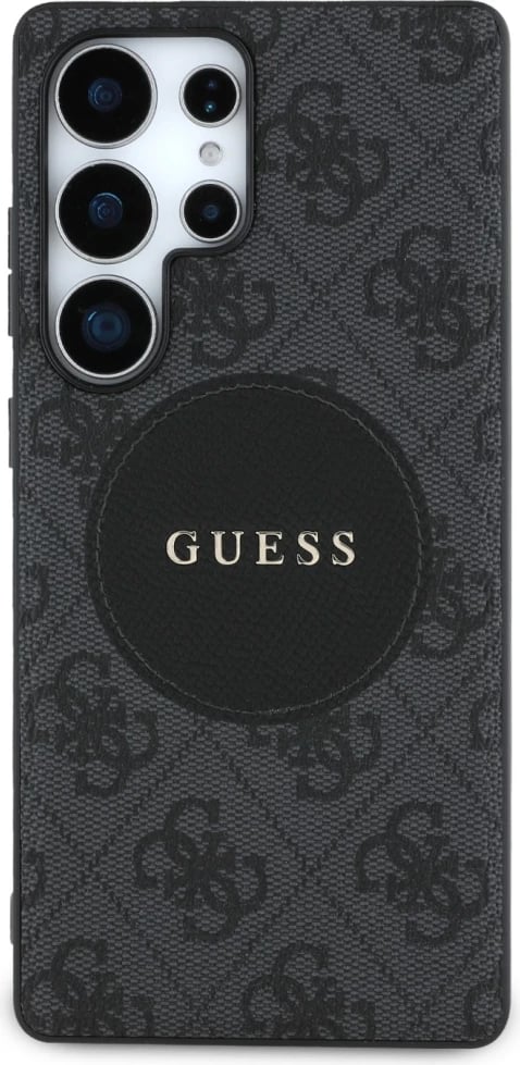 Mbështjellës Guess 4G Round Patch Classic Logo MagSafe për Samsung Galaxy S25 Ultra, i zi