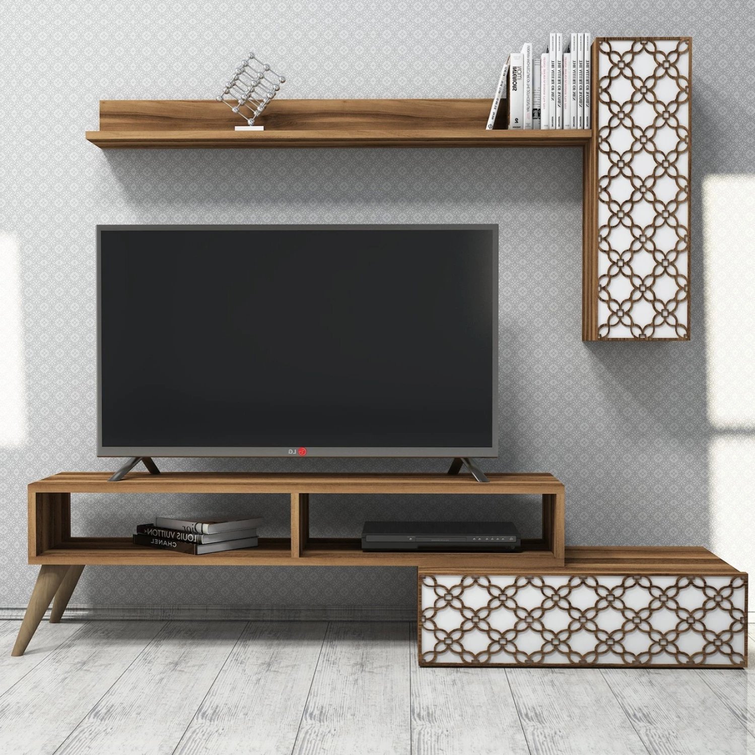 Set mobiljesh për TV, ngjyrë arre dhe e bardhë, FH9518.04, 150x37.2x37.8H cm