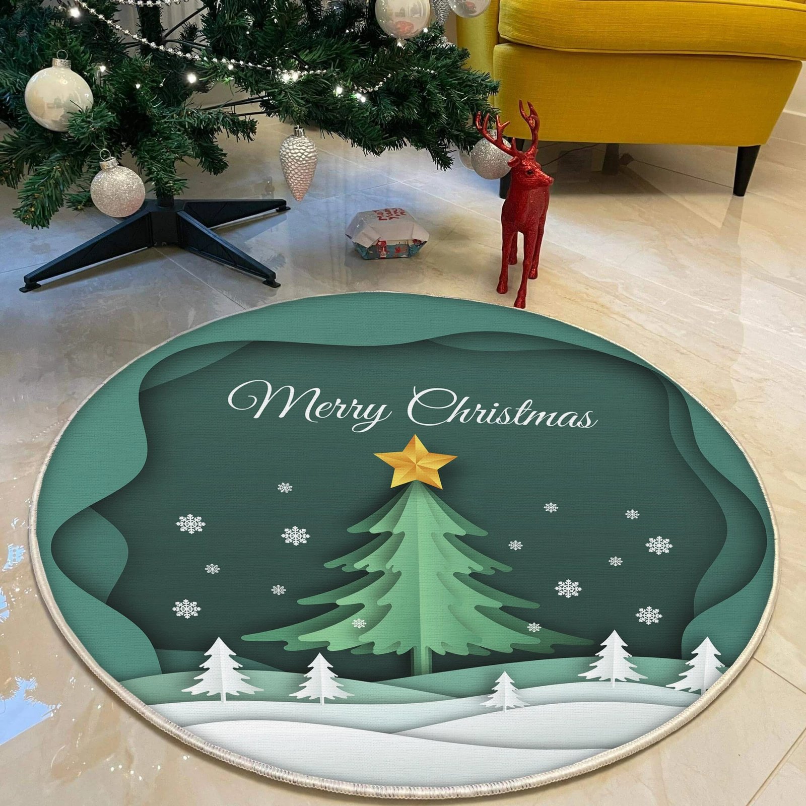 Qilim i rrumbullakët, ngjyrë e gjelbër dhe e bardhë, dizajn Krishtlindjesh, 90 cm, Conceptum Hypnose, Woopamuk465