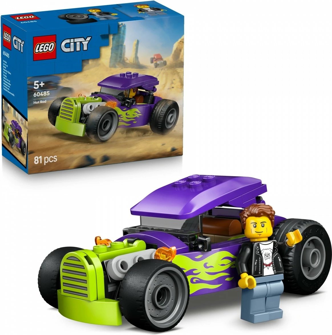 Set kockash ndërtimi, LEGO City, 60485 Hot Rod, 81 pjesë, moshë 5+, i vogël, lejla me flakë jeshile neon