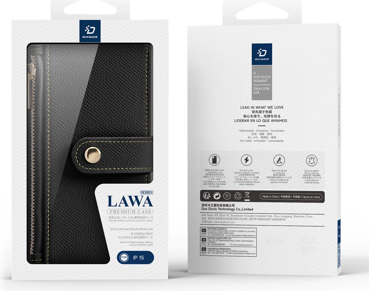 Mbështjellës Dux Ducis Lawa për iPhone 15, lëkurë, me portofol magnetik, e zezë