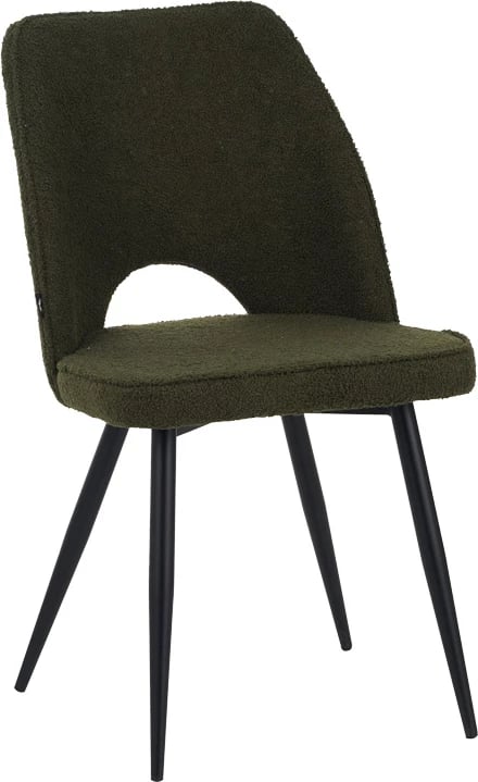 Karrige Renish bouclé, ngjyrë e gjelbër e errët, me këmbë metalike të zeza, 61x47x91.5cm