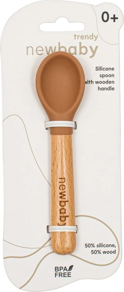 lugë bebe silikoni me dorezë druri, New Baby Trendy, 14 cm, rozë, me kuti