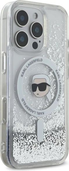 Mbështjellës Karl Lagerfeld Liquid Glitter Karl Head MagSafe për iPhone 16 Pro, Transparent