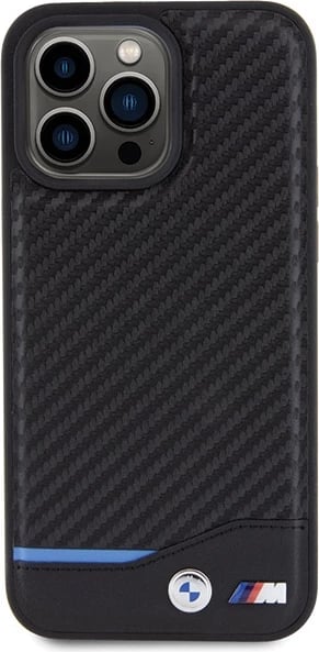 Mbështjellës BMW Leather Carbon për iPhone 15 Pro Max, i zi