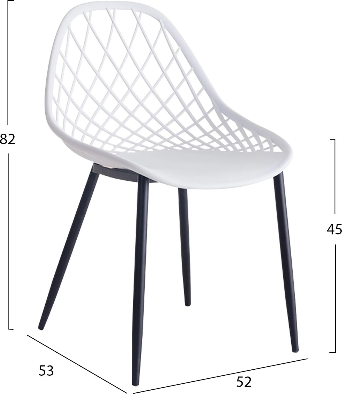 Karrige polipropileni FH9524.01, ngjyrë e bardhë, këmbë metalike të zeza, 52x53x82H cm., set prej 4 copë