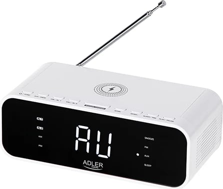 Orë alarmi me radio dhe karikues pa tel, Adler AD 1192, Bluetooth 5.0, FM, altoparlant stereo 5W, USB 1A, jo‑Qi, e bardhë