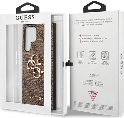 Mbështjellës Guess GUHCS22L4GMGBR për Samsung Galaxy S22 Ultra, hardcase, lëkurë sintetike, kafe