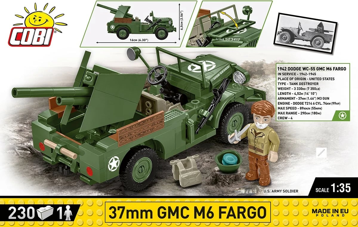 Set lodrash ndërtimi Cobi Klocki 3116, 37mm GMC M6 Fargo, 230 pjesë, Jeshile