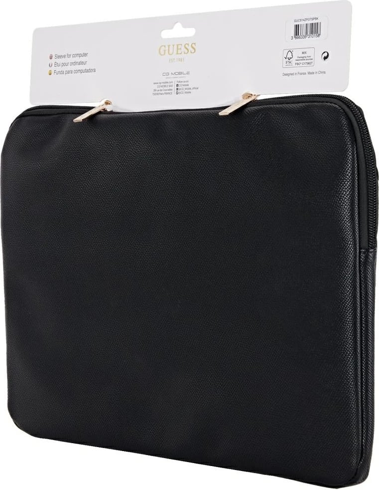 Çantë laptopi Guess Grained Zipper Pocket Triangle Logo 14", e zezë