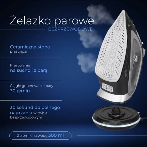 Hekur me avull pa kabllo 2-në-1, Adler AD 5043, 2800W, bazë qeramike 23.5x12 cm, depo uji 300 ml, zi/argjendtë
