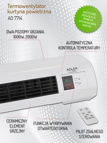 Perde ajri ngrohëse Adler AD 7714, 2200W max, 2 nivele 1000/2000W, element qeramik, termostat 7–38°C, kohëmatës javor, telekomandë, montim muri, bardhë