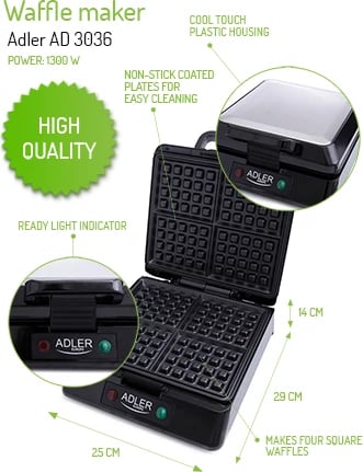aparat për gofre, Adler AD 3036, 1080–1300 W (1500 W max), 4 gofre katrore, veshje jo-ngjitëse