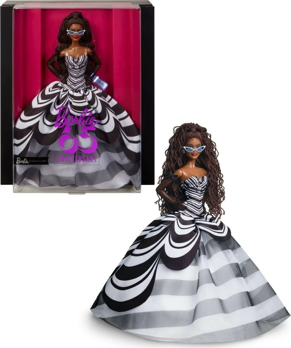 Kukull koleksionuese Barbie Signature 65 vjetori, Mattel HRM59, brunette, fustan bardh e zi
