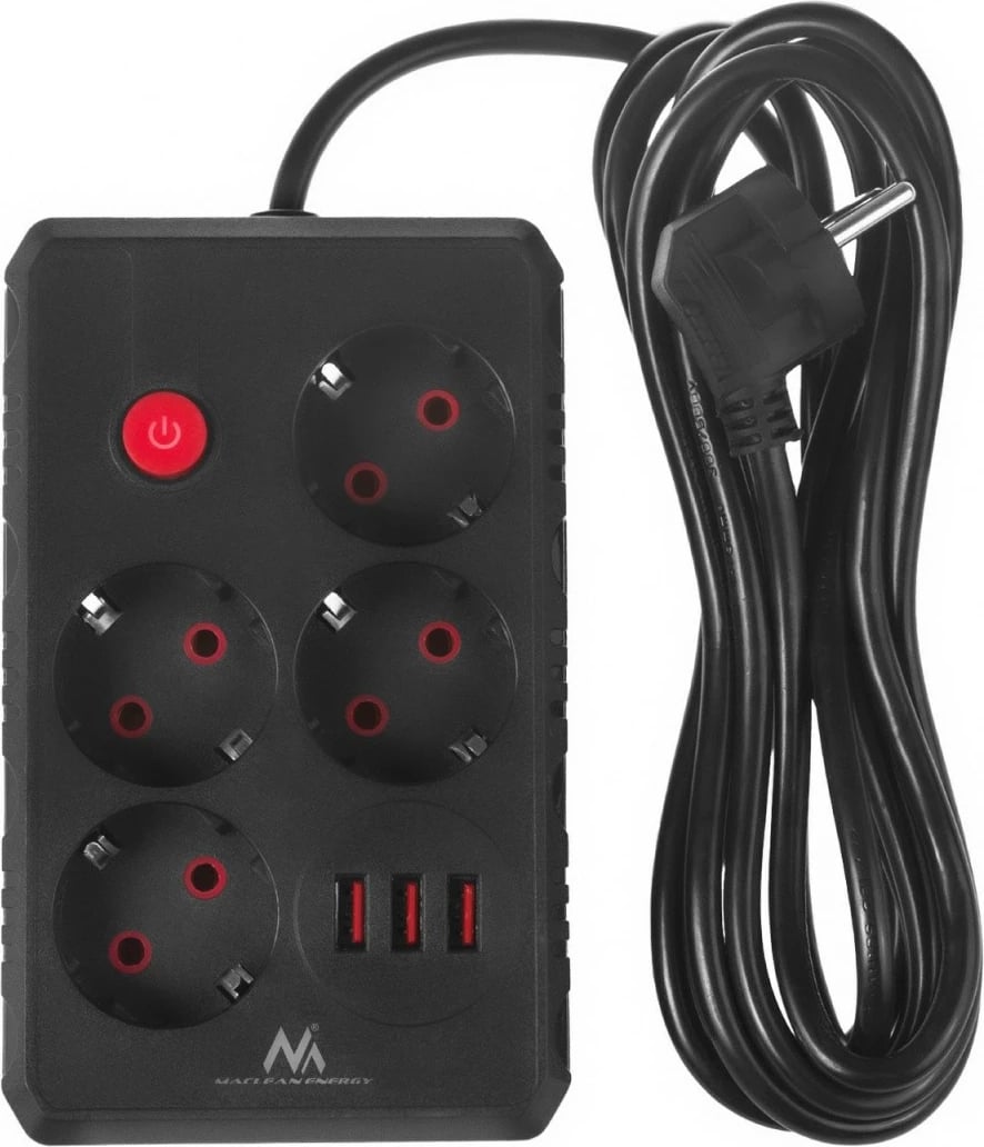 Rrymëzgjatës Maclean MCE393 B 4 priza tip E 3x USB 2500W 3m me çelës i zi
