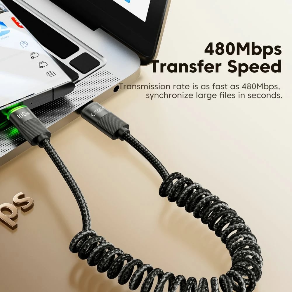 Kabllo USB-C Tech-Protect UB20T Ultraboost, 180cm, 100W, e zezë