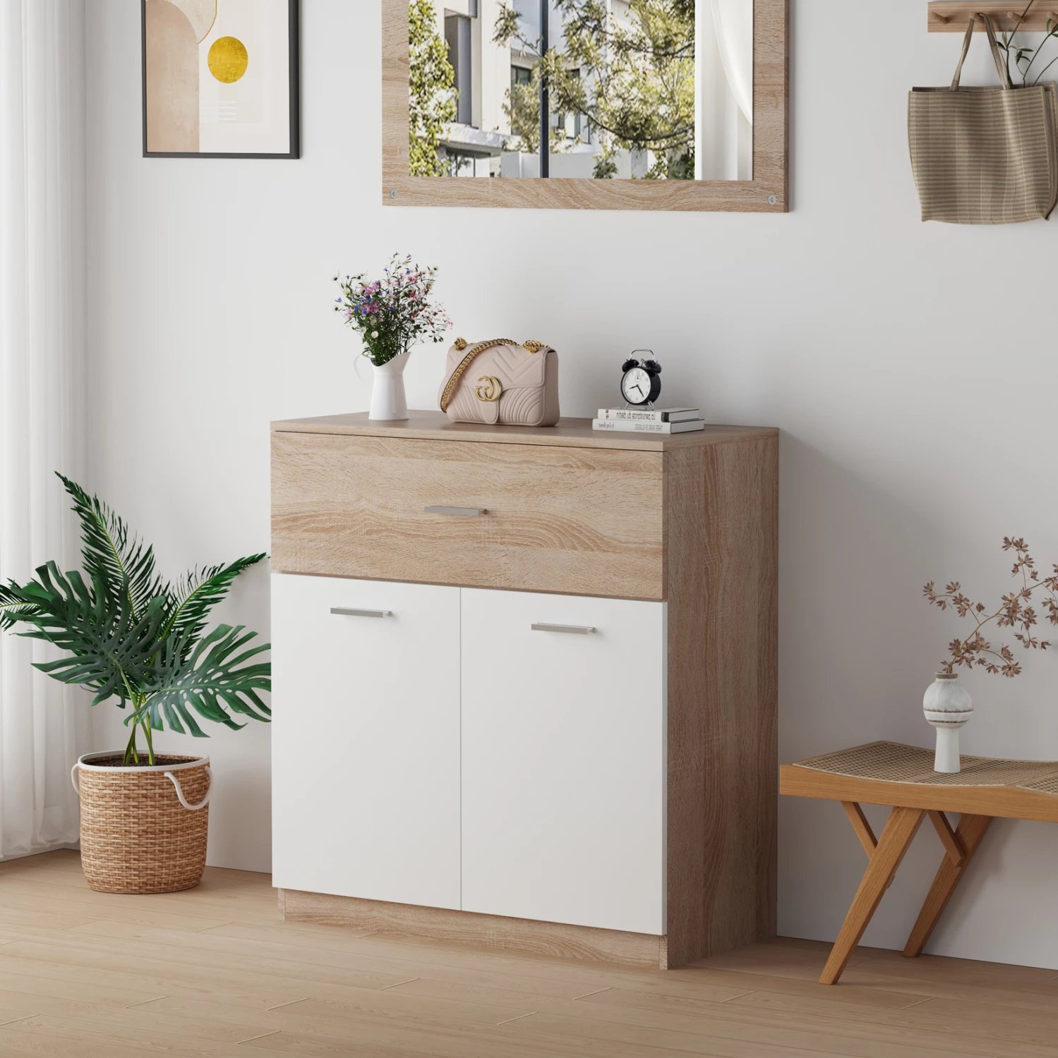 Dollap këpucësh me sirtar, DIONNE, melaminë, ngjyrë Sonama dhe e bardhë, 80x35x84H cm