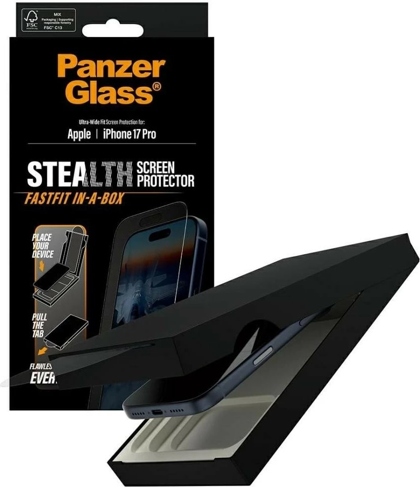 Mbështjellës xhami PanzerGlass Stealth Ultra-Wide Fit Fastfit për iPhone 17 Pro transparent