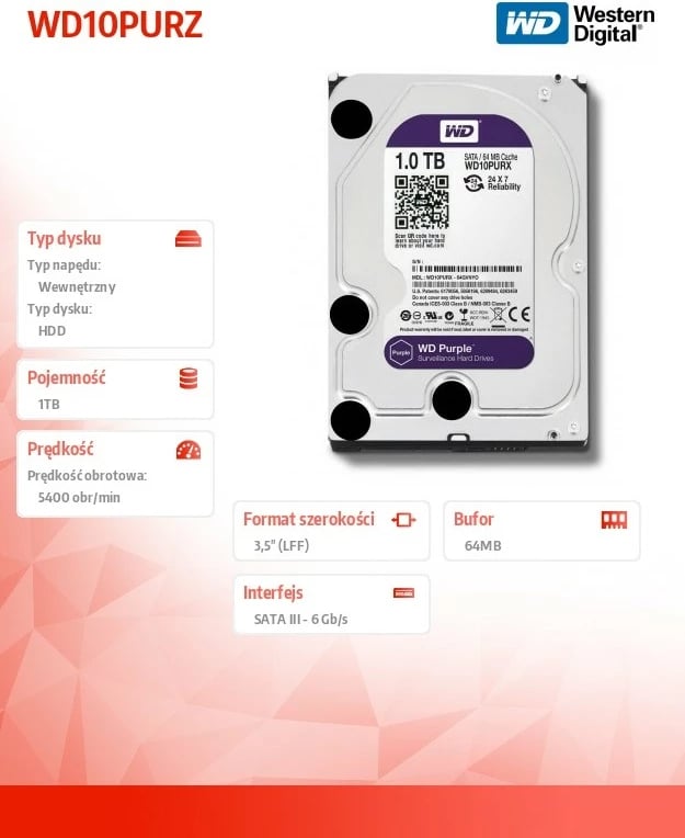 Kasë Western Digital WD Purple, 1TB, 3.5", SATA III, 5400 RPM, e zezë/argjendtë