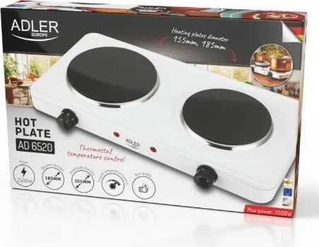 Sobë elektrike me 2 plita, Adler AD 6520, 2500 W, rregullim temperature 5-nivelesh, e bardhë