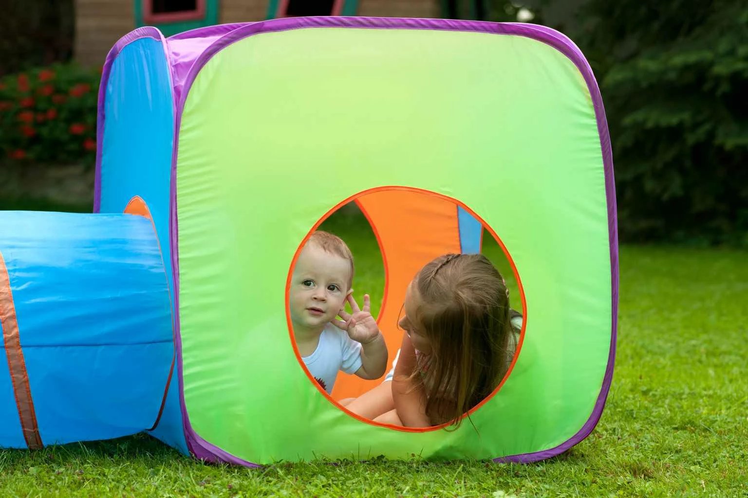 tendë loje për fëmijë, Baby Mix, 3in1 me 2 tenda dhe tunel, 265x95x94 cm, portokalli-kaltër, set