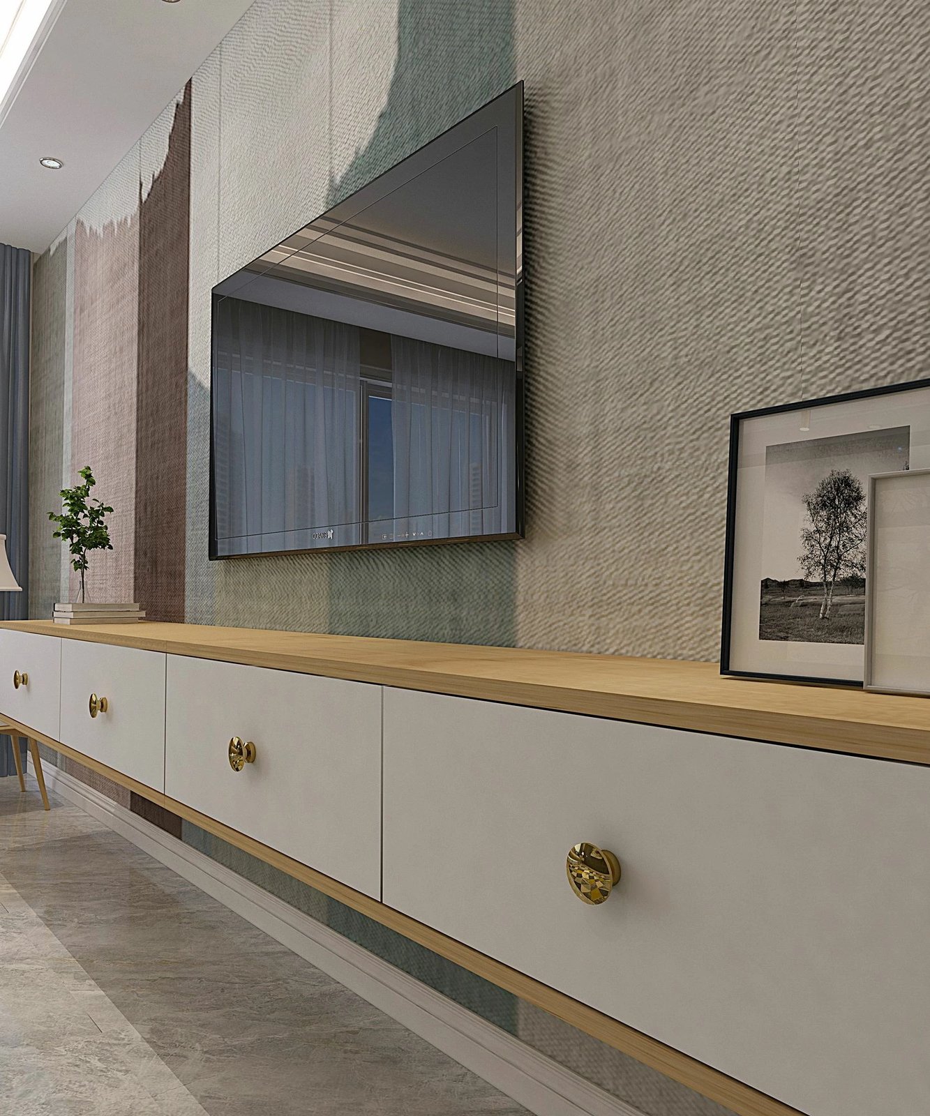 Komodë për TV Skye Decor, Zuzu Double, ngjyrë lis safir dhe e bardhë